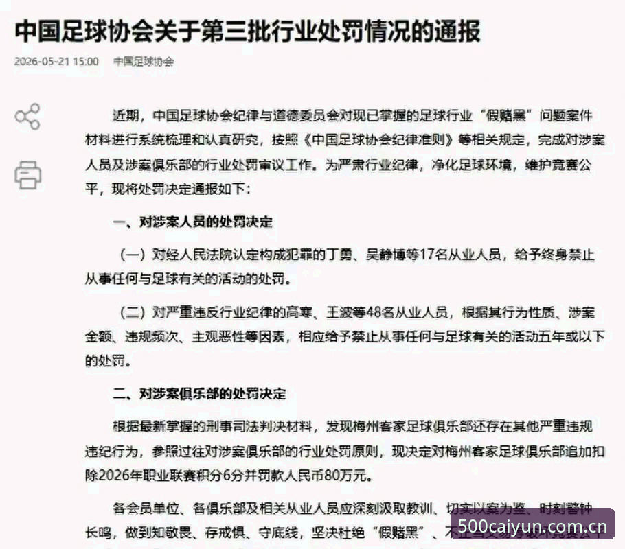 足协第三批禁足名单发布：17人终身禁赛，48人遭重罚，500彩票平台竞彩分析助力理性观赛